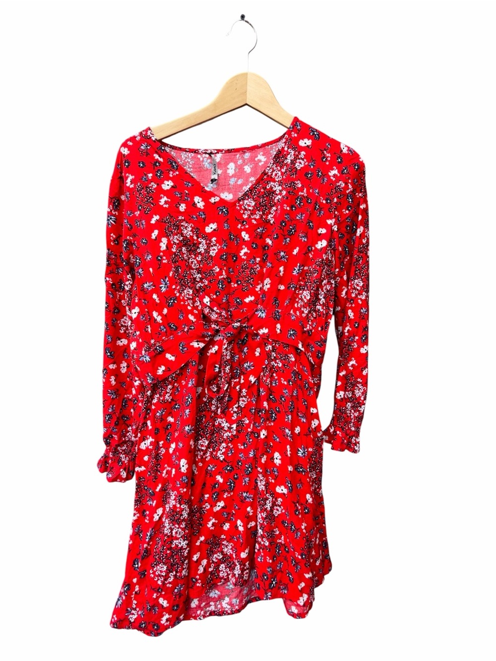 Only Red Floral Long-Sleeve Tie-Waist Dress